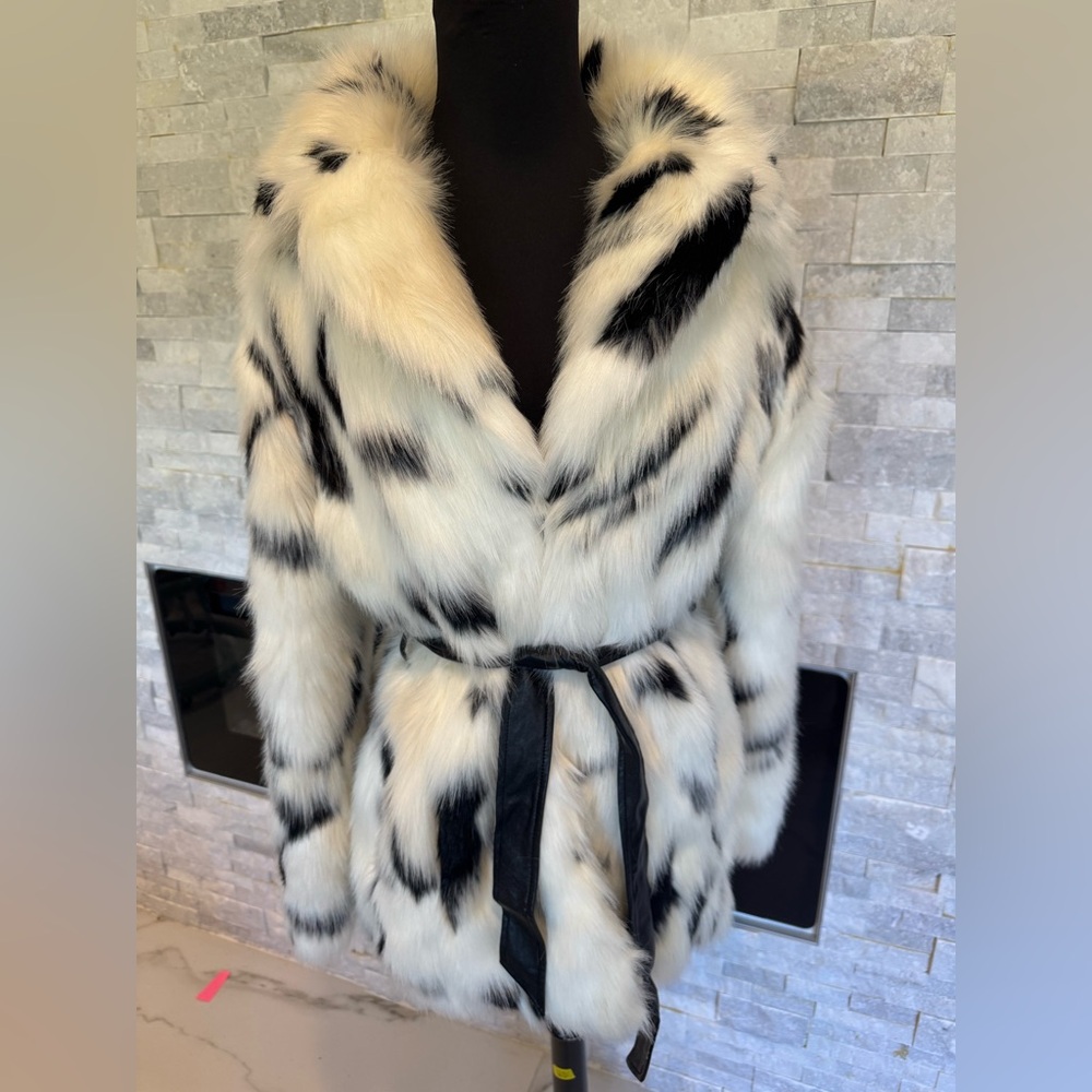 Miss Selfridge Faux Fur Belted Animal Print Coat - Size 2/4